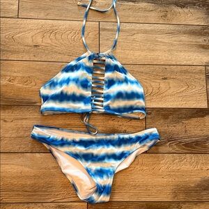 Billabong Blue and White Tie-Dye Bikini